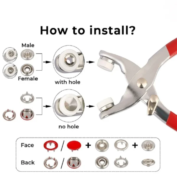 200-Pack Metal Snap Button Kit with Fastener Plier - Durable 5-Claw Buckle Tool - Image 11